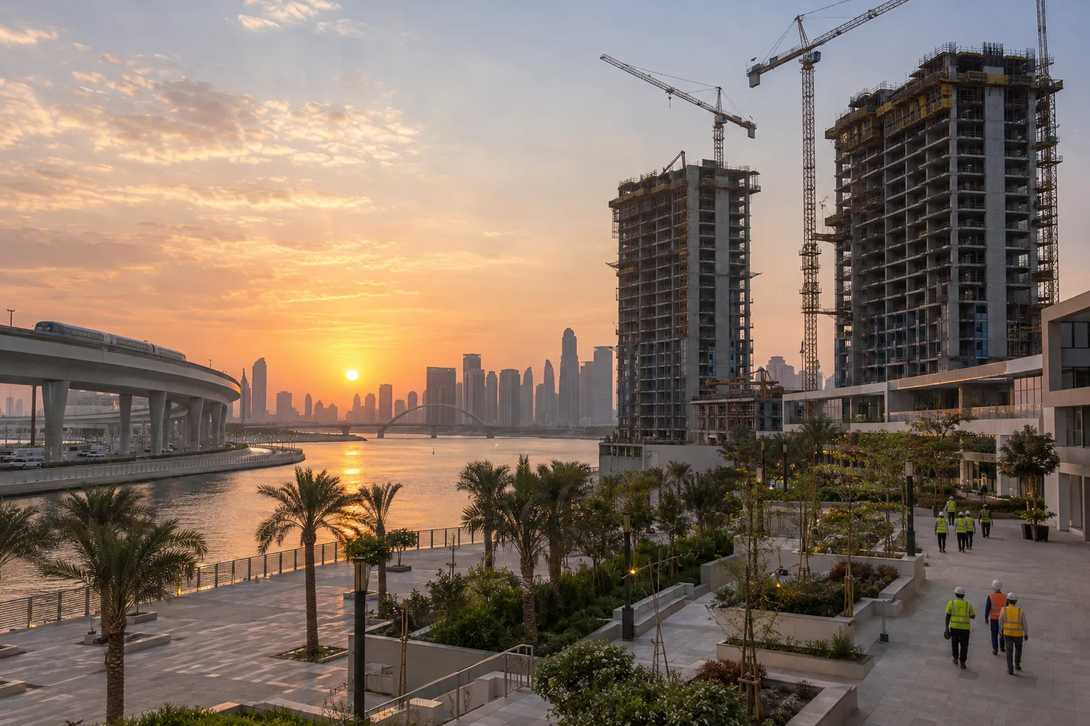 Two residential towers under construction with cranes at sunrise on the waterfront at Dubai Creek Harbour