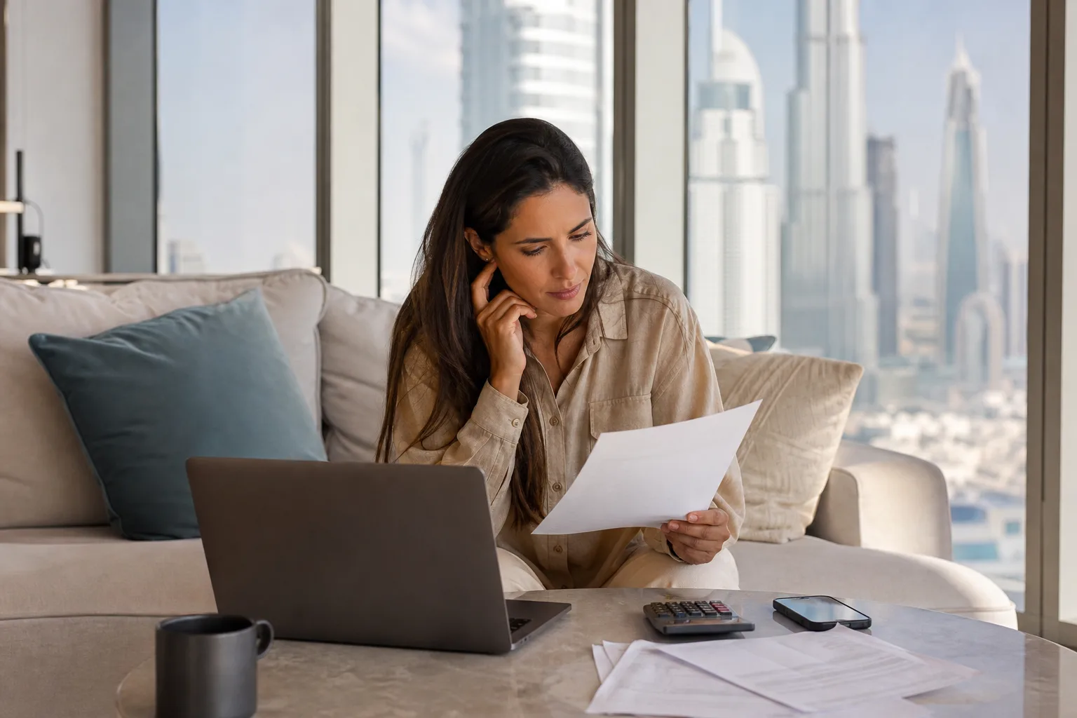 Femme consultant ses factures et son ordinateur portable dans le salon design d'un appartement à Dubaï