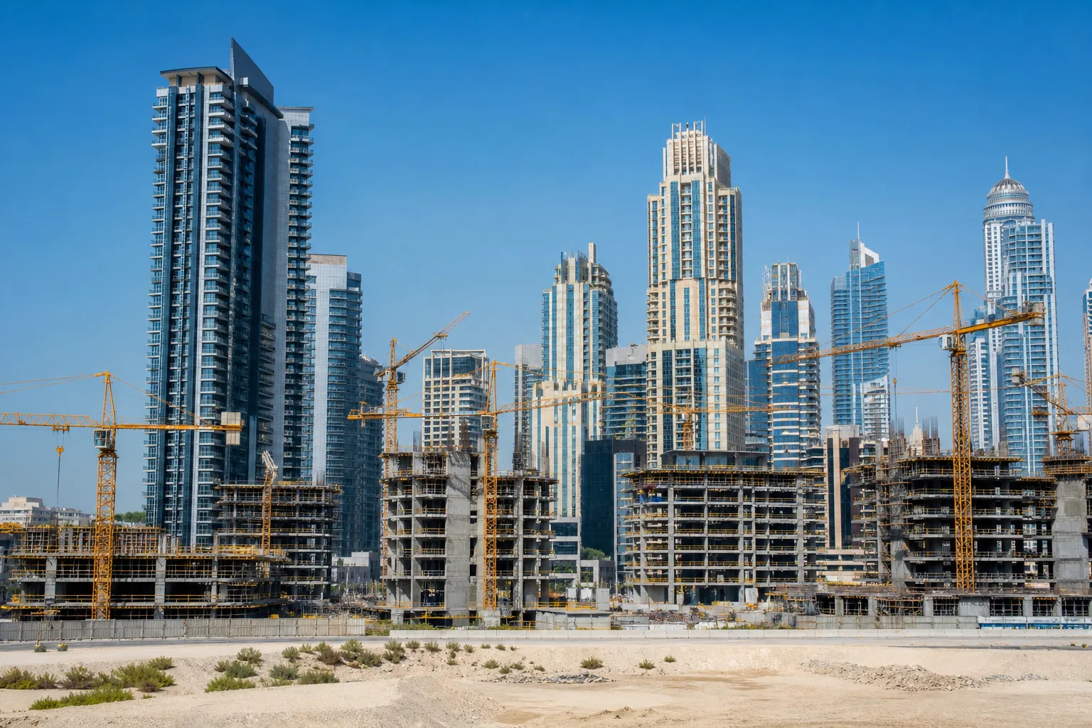 Chantier de construction de tours résidentielles à Dubaï avec grues, symbolisant l'évolution du marché sur plusieurs années