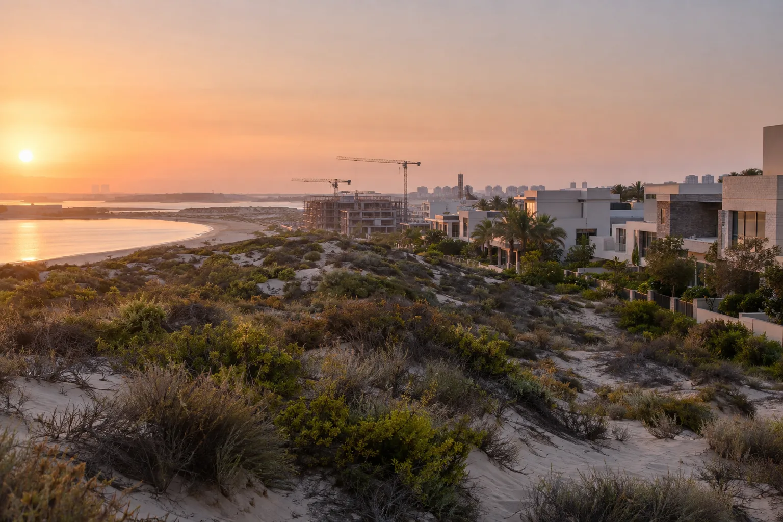 Dunes and coastal vegetation on Saadiyat Island in front of low-rise residences under construction and completed villas