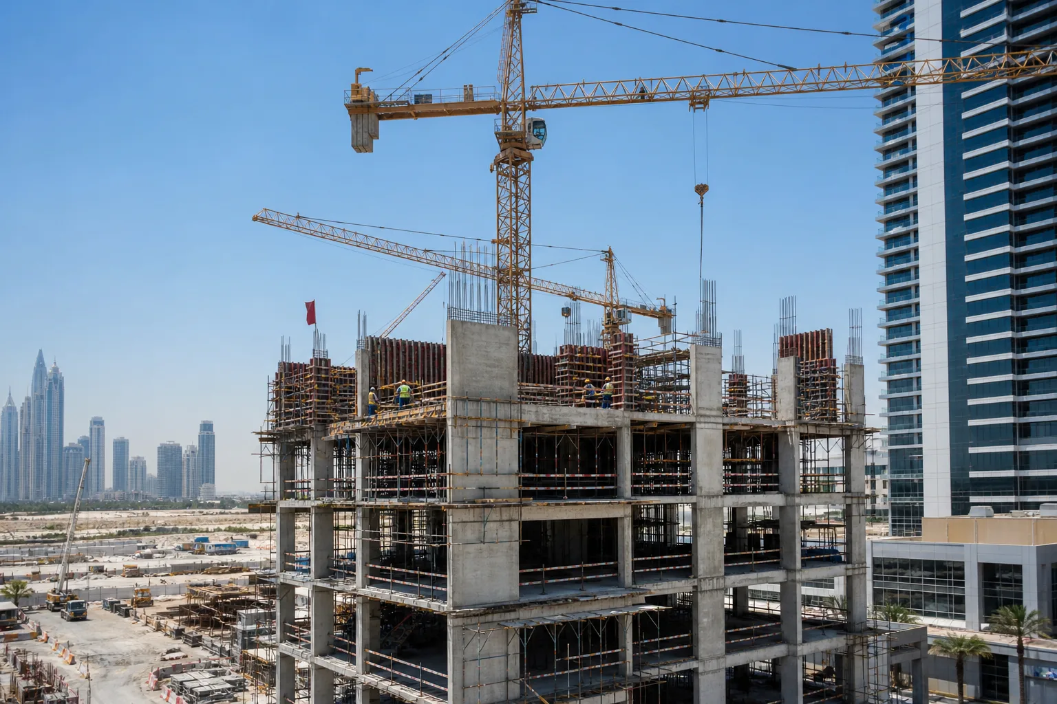 Chantier de construction d'une tour résidentielle avec grues au premier plan sous un ciel dégagé