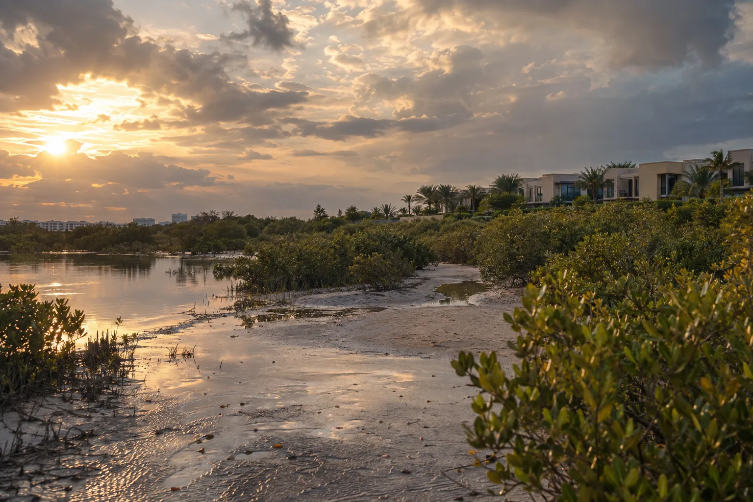Mangrove edge wet after rain on Saadiyat Island, low sand-coloured residences in the background