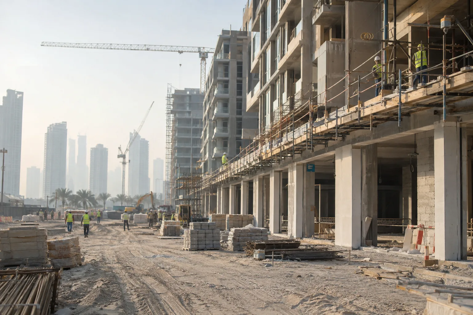 Mixed-use building under construction in Dubai, bare ground-floor retail space and homes above, in the haze
