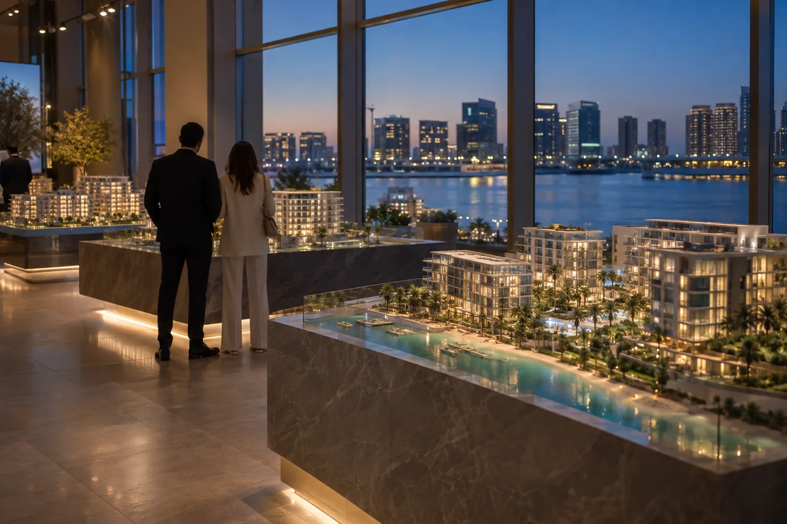 Scale models of several waterfront residential projects in an Al Rahah sales gallery, couple seen from behind
