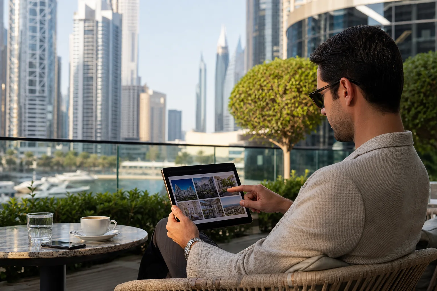Inversor sentado en la terraza de una cafetería de Dubái consultando anuncios inmobiliarios en una tableta, torres modernas al fondo