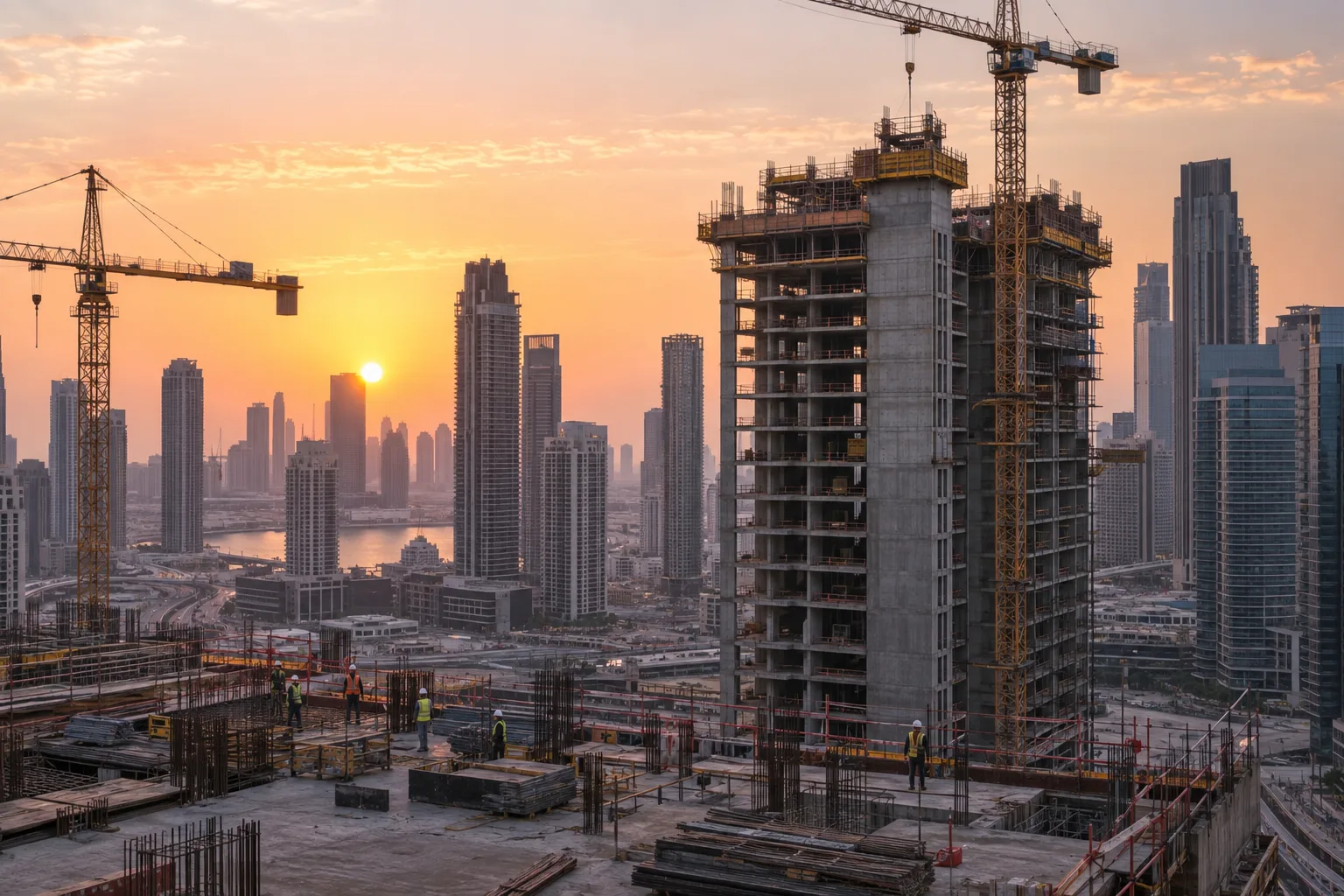 Construction site of a residential tower being built on the edge of Downtown Dubai at sunrise
