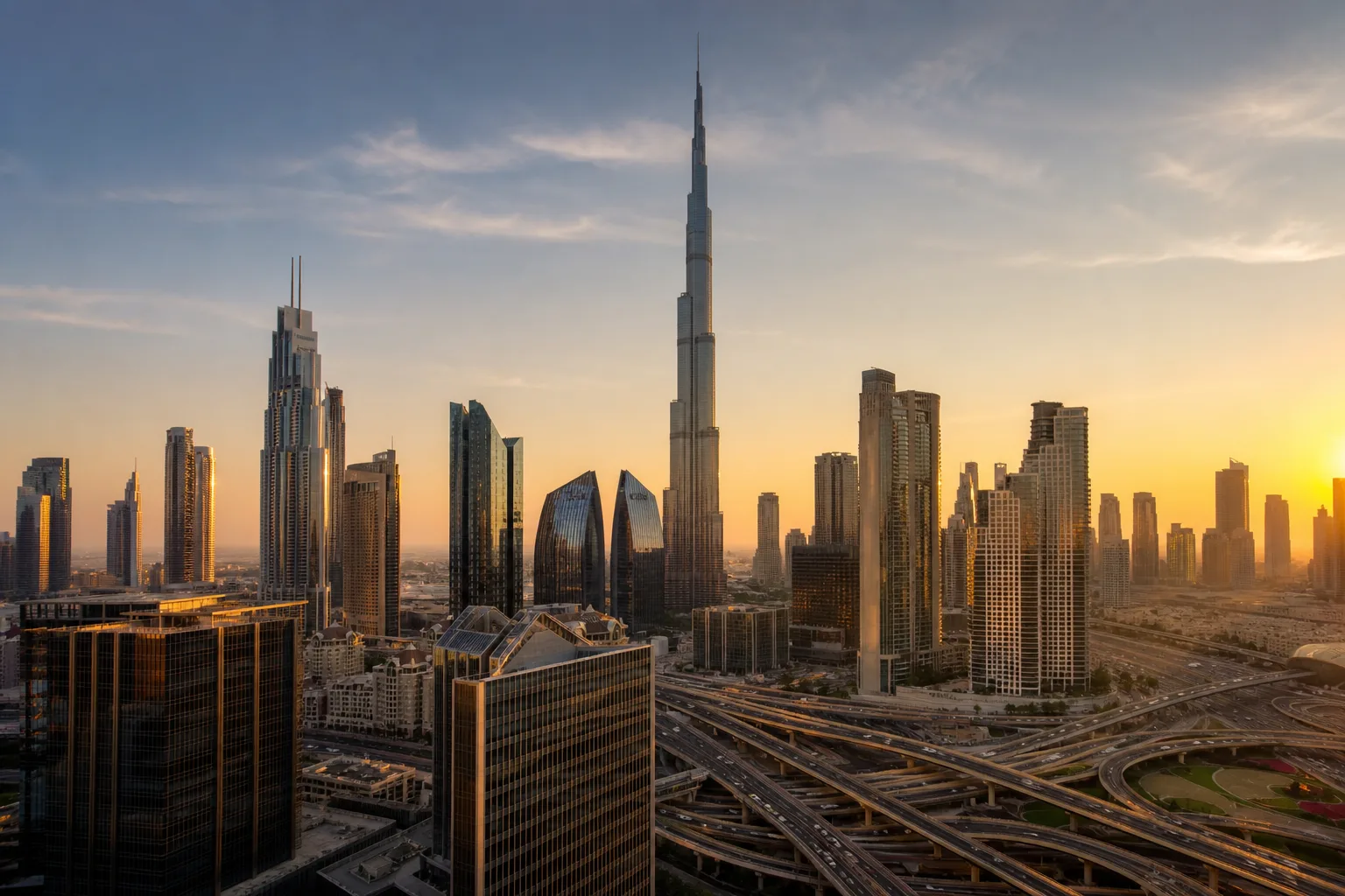 Небоскрёб Burj Khalifa возвышается над современными башнями Downtown Dubai в конце дня