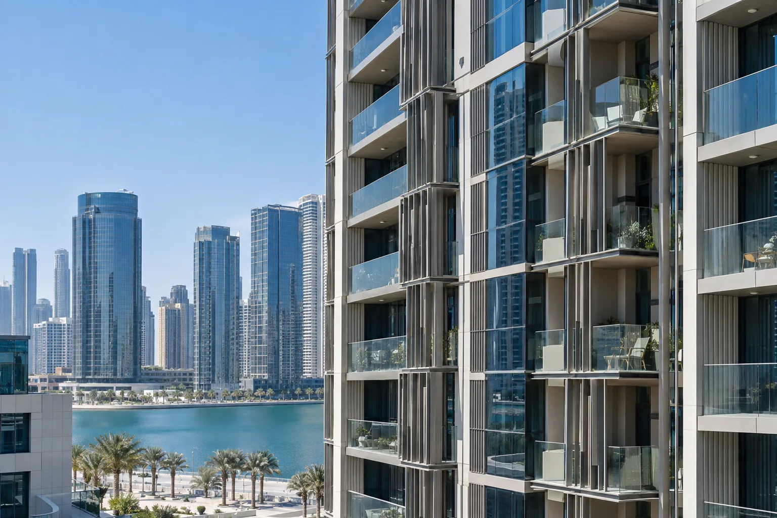 Glass façade detail of a residential tower on Al Reem Island, recessed balconies and sun louvres at midday