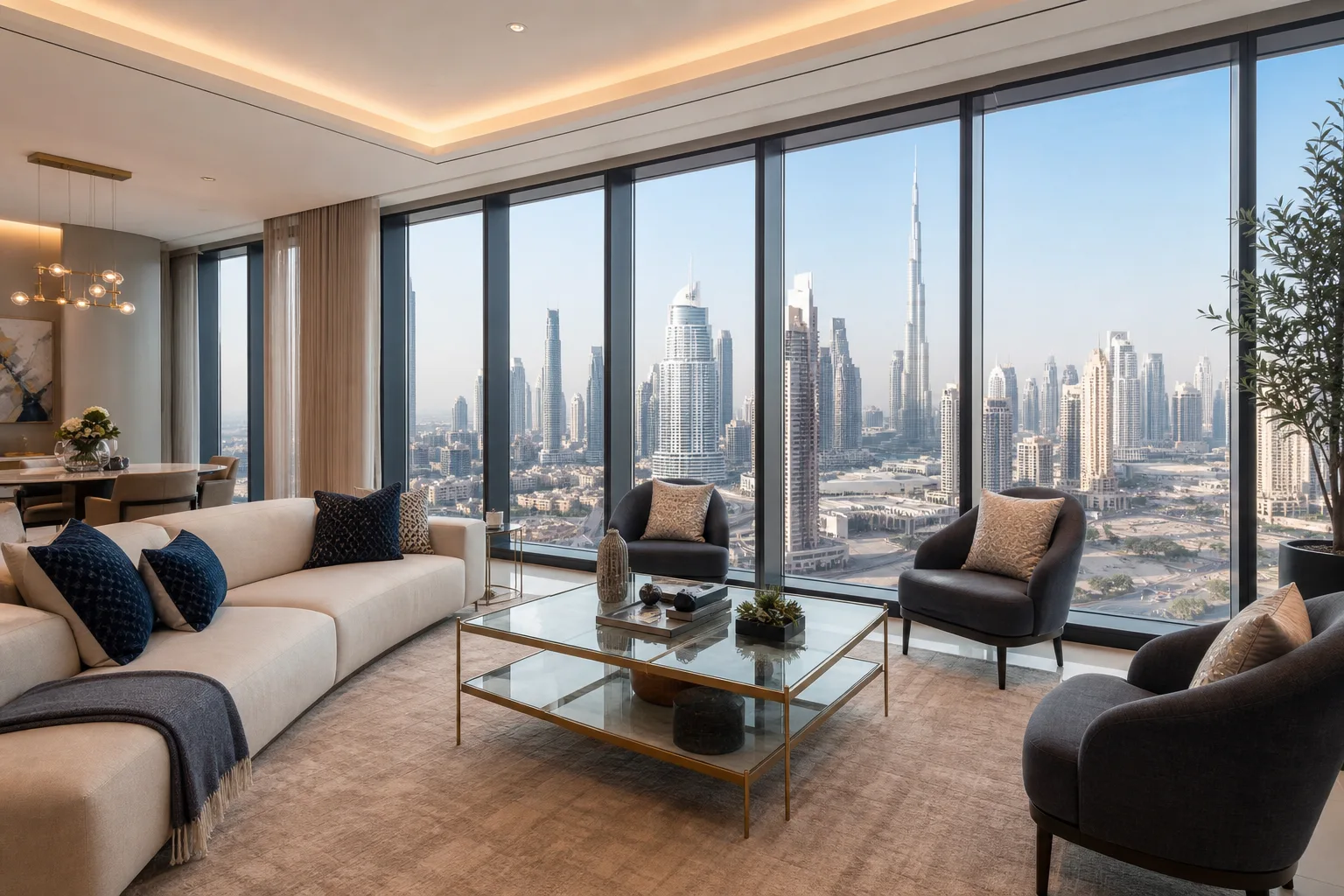 Salón luminoso de un apartamento de alta gama en Dubái con ventanales que dan a la skyline y mobiliario contemporáneo elegante