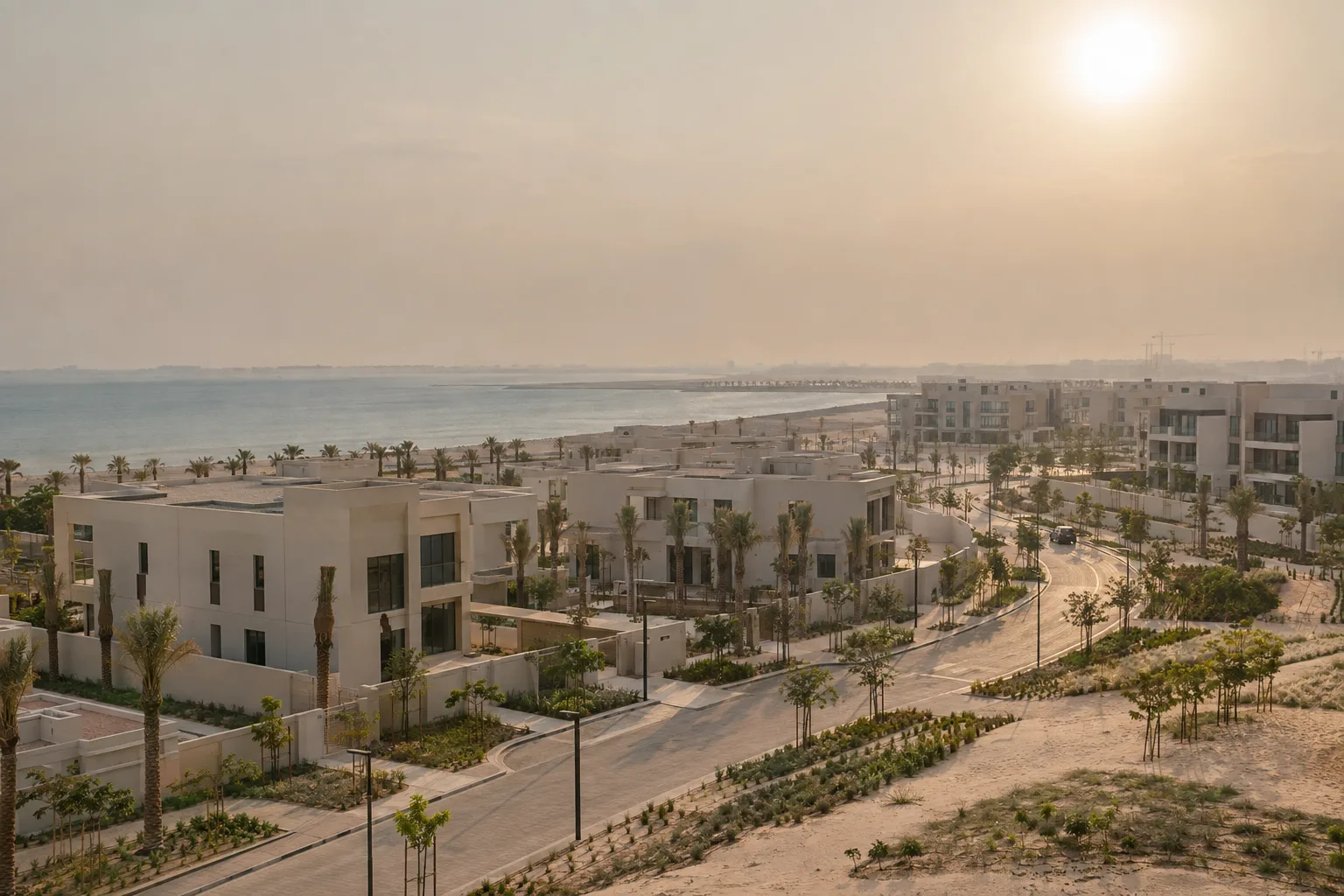 Nearly completed low-rise residential complex on the Al Jurf coast, newly planted palm trees under a haze of dust