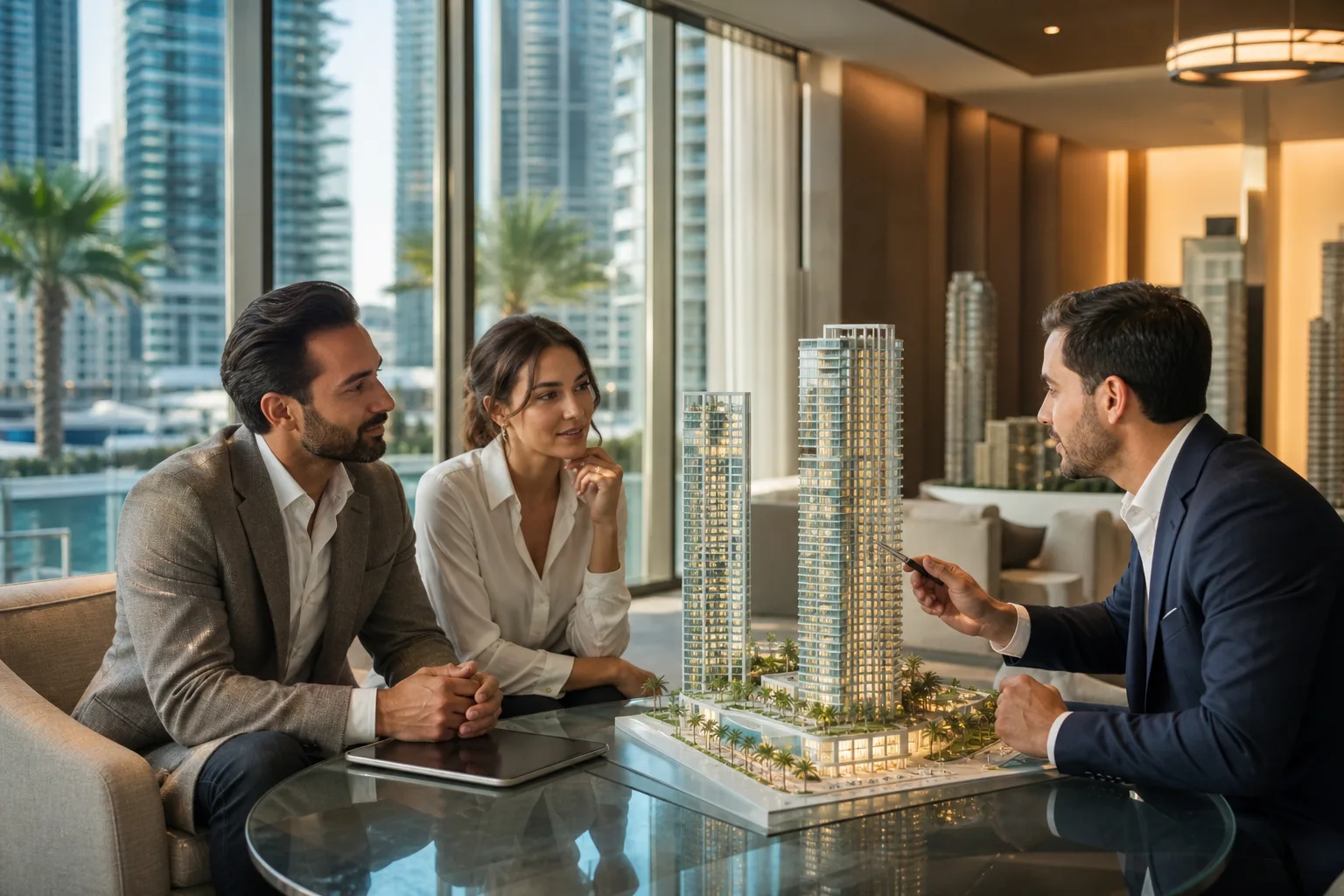Couple élégant discutant avec un conseiller dans un salon de vente immobilier lumineux avec maquette de tour