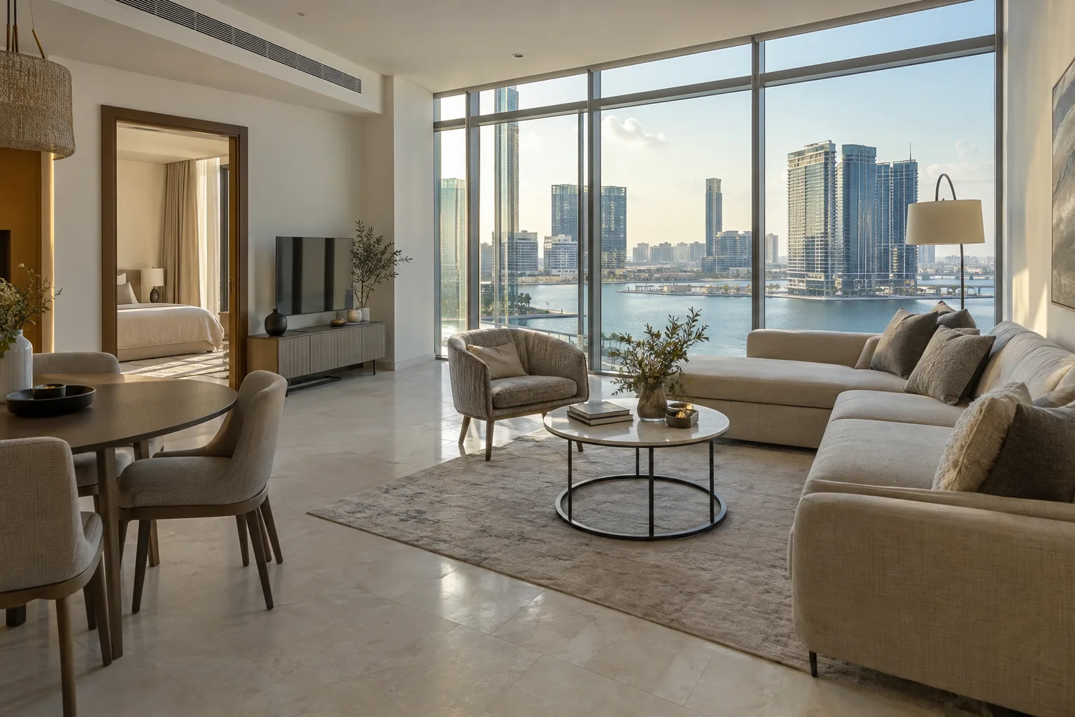 Furnished one-bedroom apartment on Al Maryah Island, large windows overlooking the channel