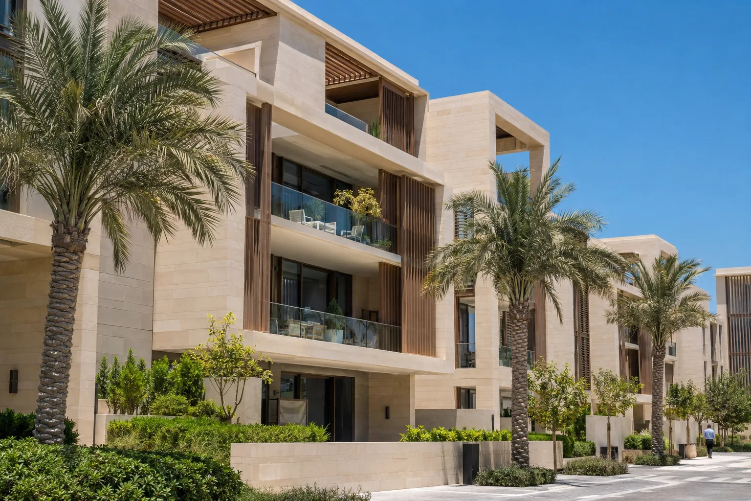 Light stone façade and timber sun screens of a low-rise residence on Saadiyat Island under the midday sun