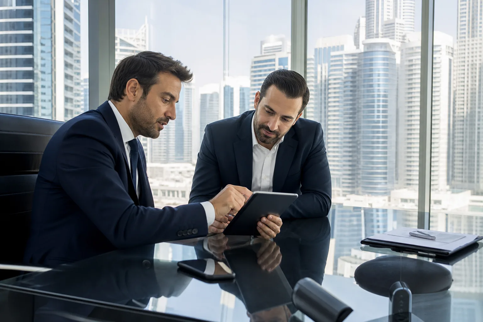 Réunion de travail dans un bureau vitré de Dubaï avec deux conseillers examinant des chiffres sur une tablette