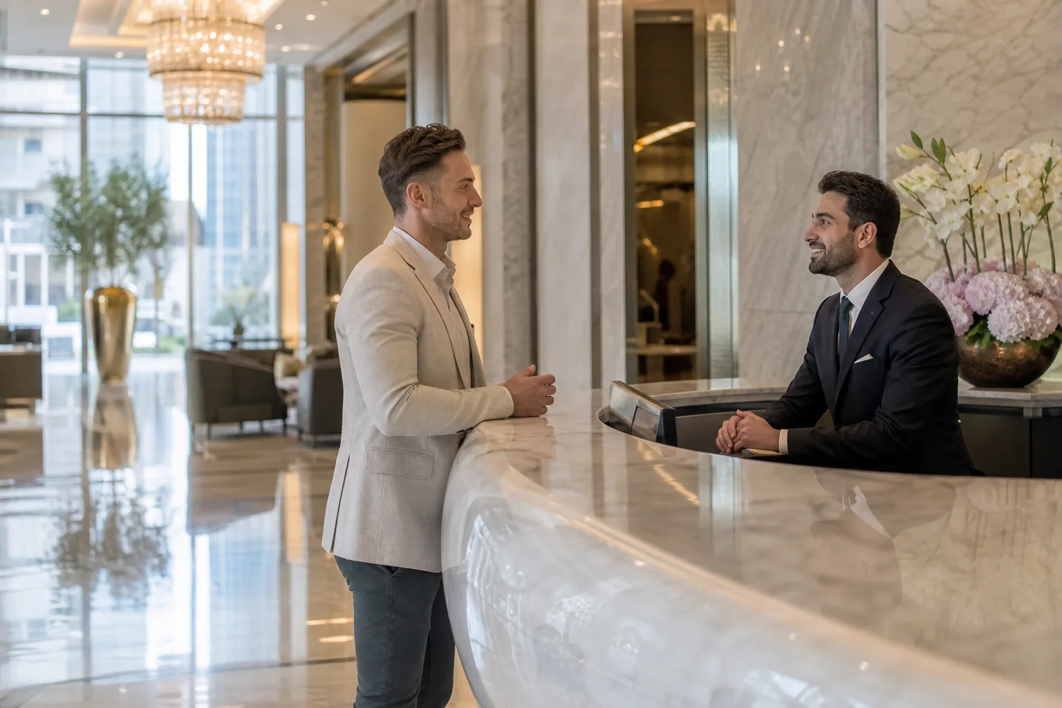 Client international accueilli dans le hall lumineux d'une agence bancaire haut de gamme à Dubaï