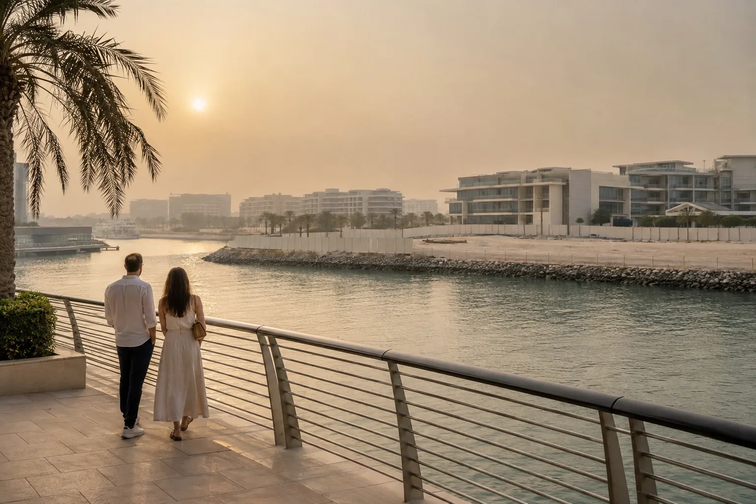 Couple seen from behind on the Al Raha Beach promenade, looking at a fenced plot across the canal