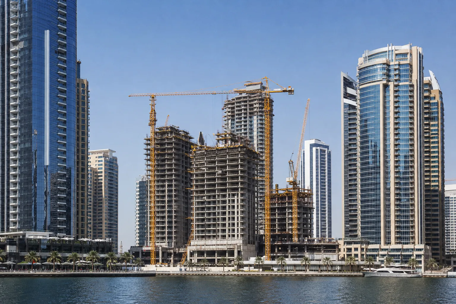 Grues de chantier et nouvelles tours en construction le long d'un front de mer urbain ensoleillé