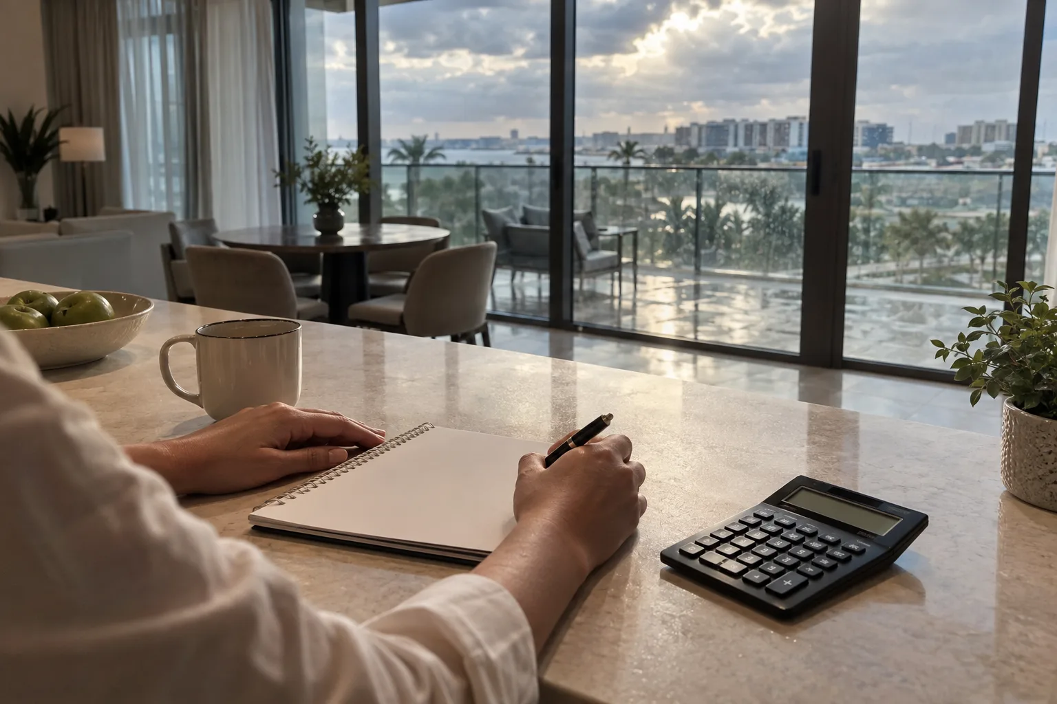Hands resting on a blank notebook and a calculator on the kitchen counter of an empty Yas Island apartment after the rain