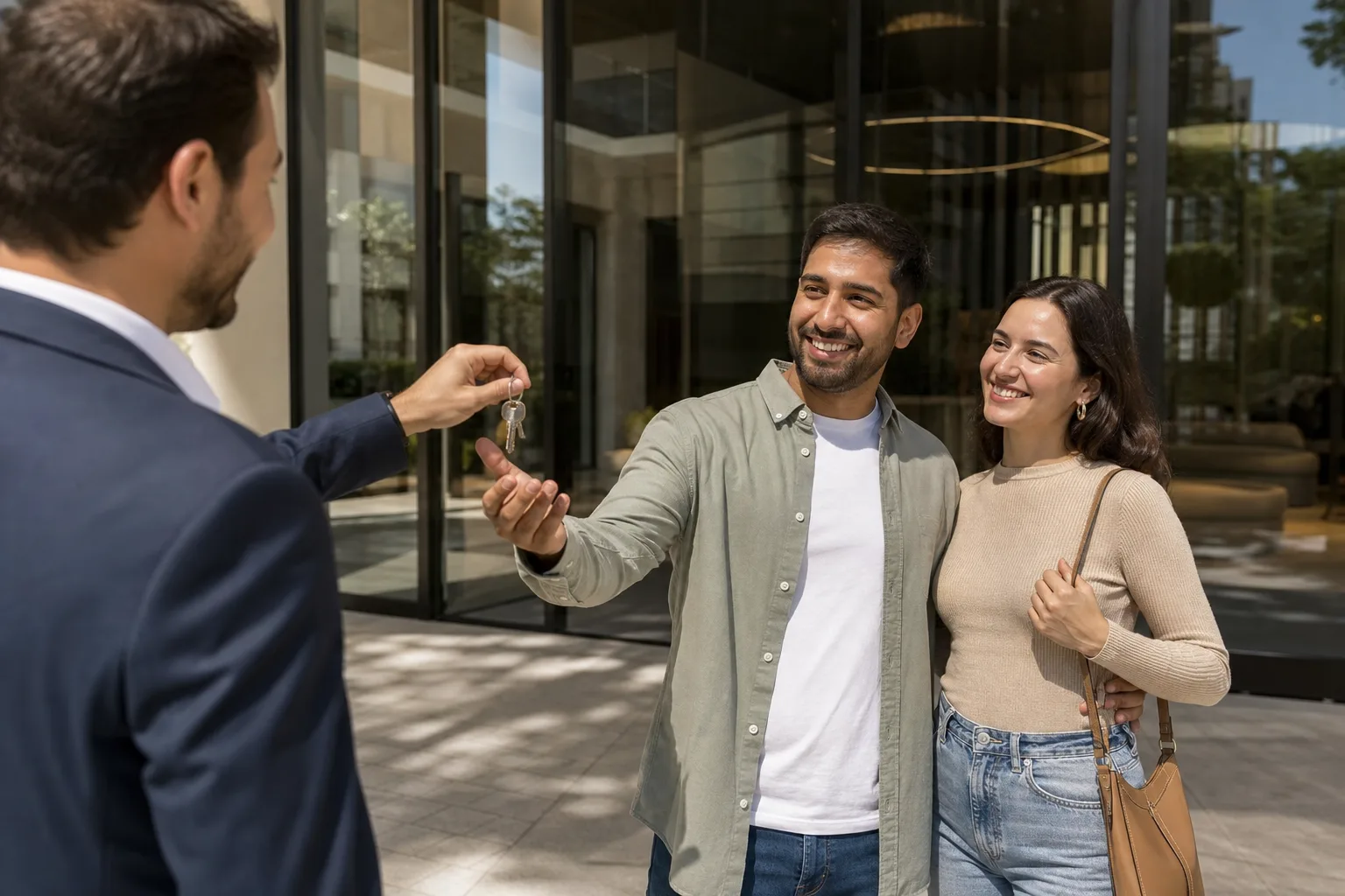 Pareja sonriente recibiendo las llaves frente a la entrada de una residencia moderna bañada de luz en Dubái