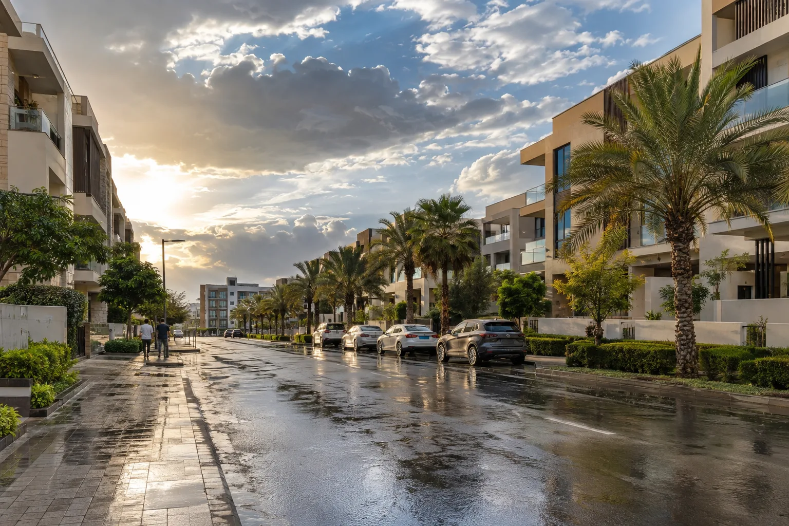 Residential street on Yas Island after a rain shower, with mid-rise buildings and palm trees