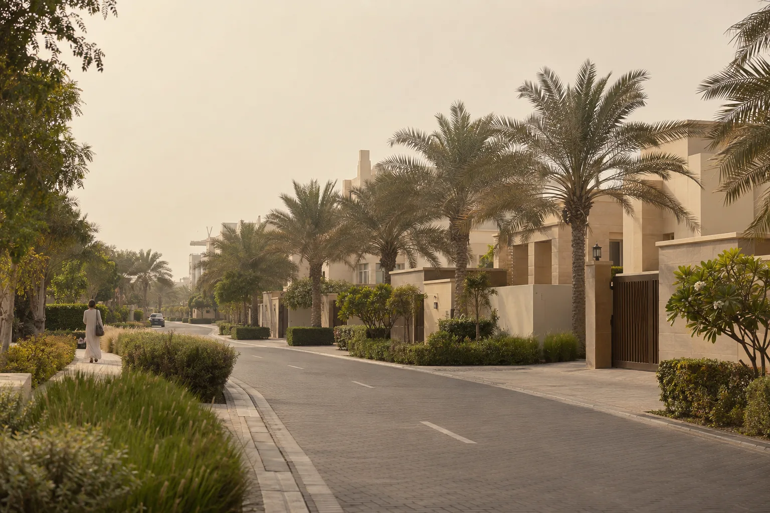 Palm-lined residential avenue with pale stone villa walls on Saadiyat, in a light dust haze