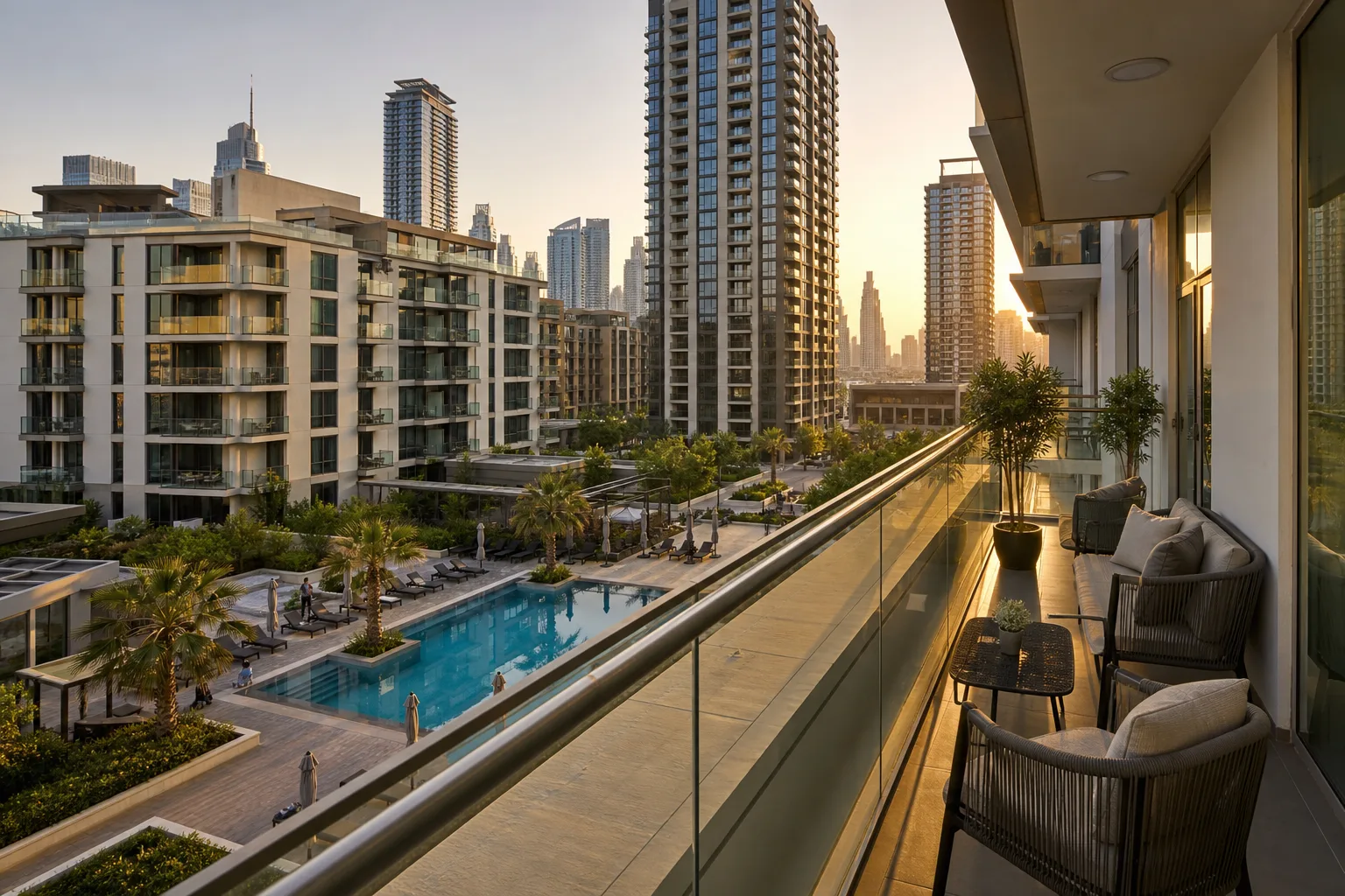 Balcony of a modern apartment overlooking a shared pool in a lively rental district