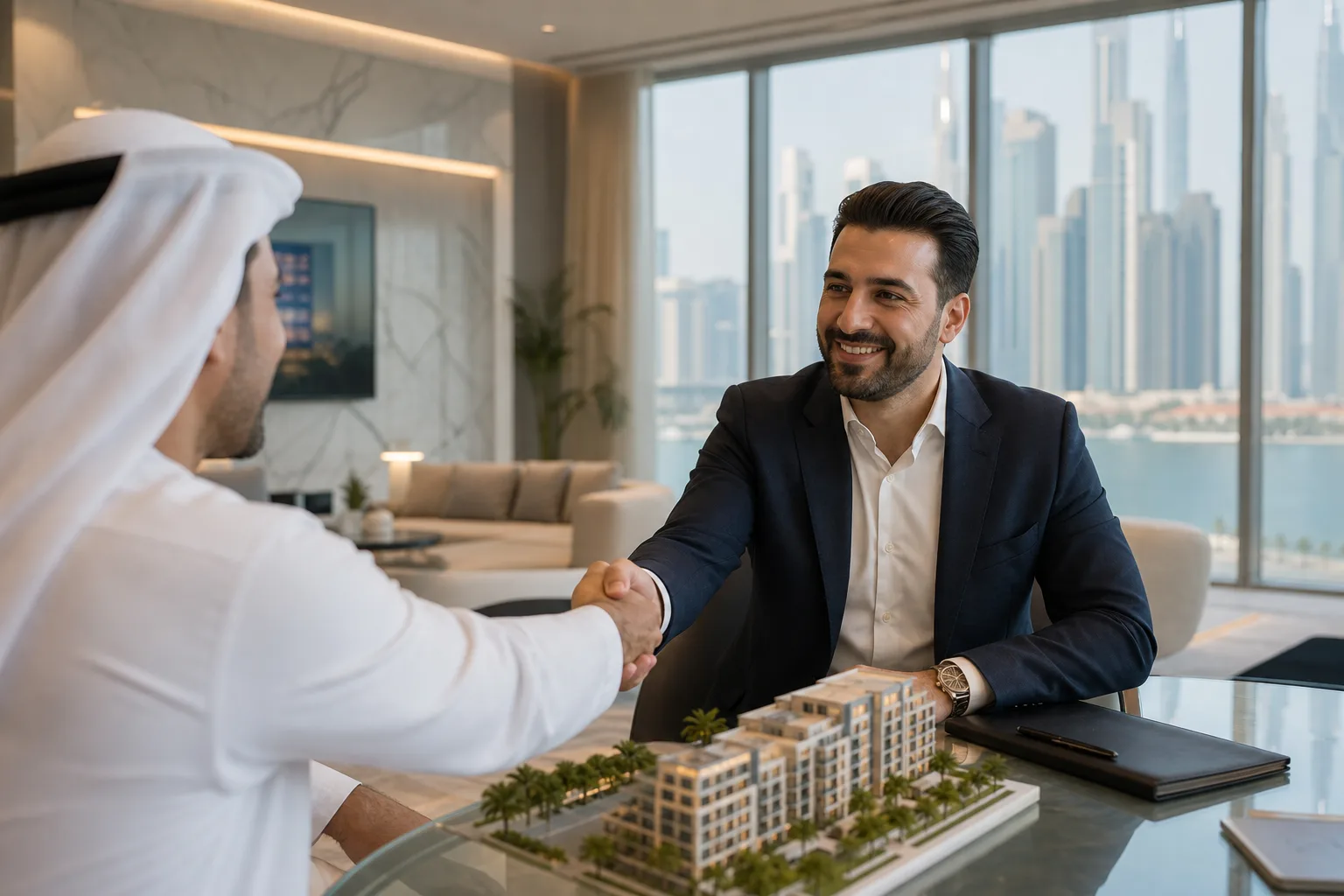 Handshake between a real estate agent and a buyer in a bright Dubai agency with a building model