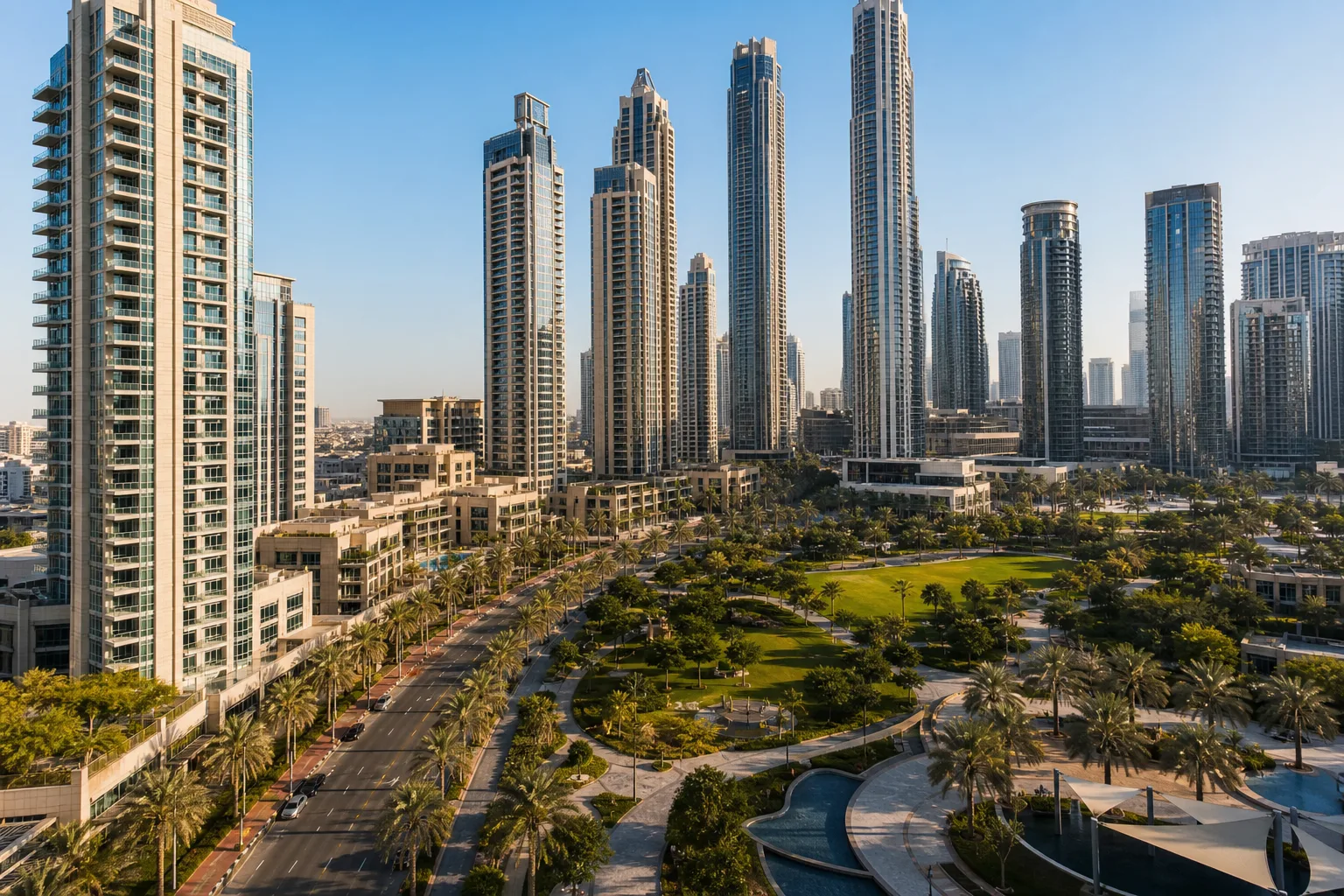Vista aérea del barrio de Downtown con sus elegantes torres residenciales bordeando un bulevar arbolado