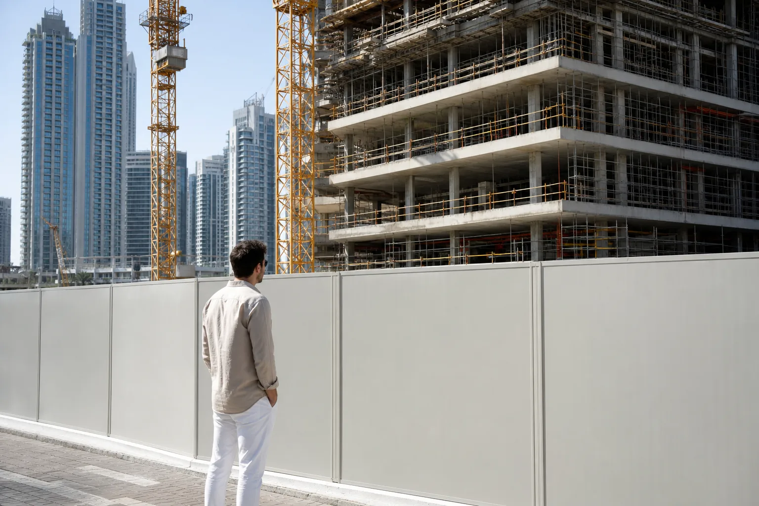 Visitor watching a residential tower construction site behind a secured hoarding in Dubai