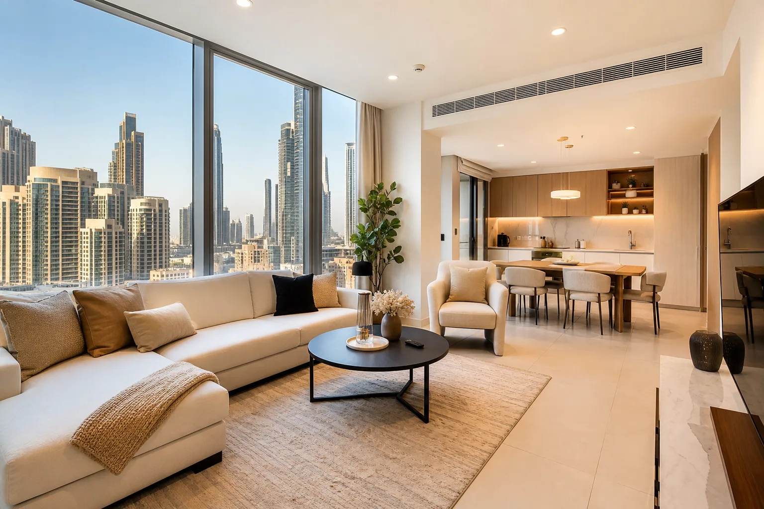 Intérieur lumineux d'un appartement locatif meublé à Dubaï prêt à accueillir des locataires
