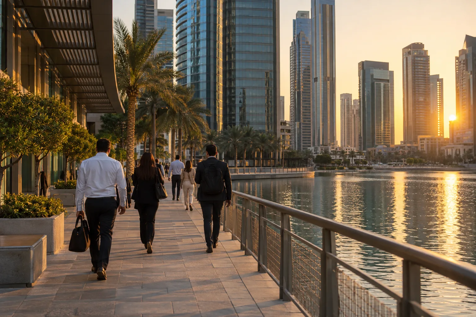 Employees seen from behind on a lakeside promenade between glass office towers in Jumeirah Lakes Towers, golden light