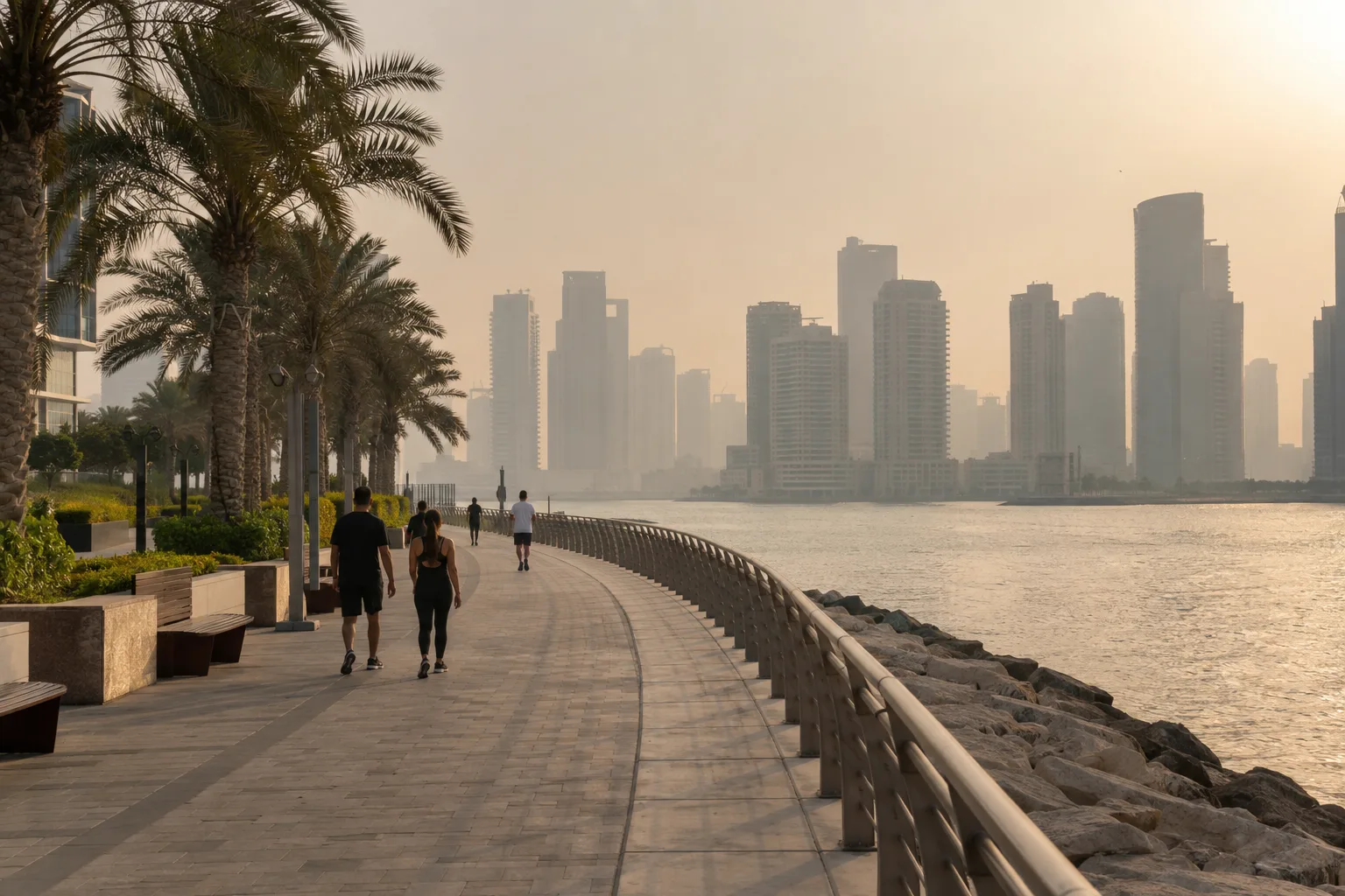 Walkers seen from behind on the Reem Island waterfront under a dust-hazed sky, towers in the background