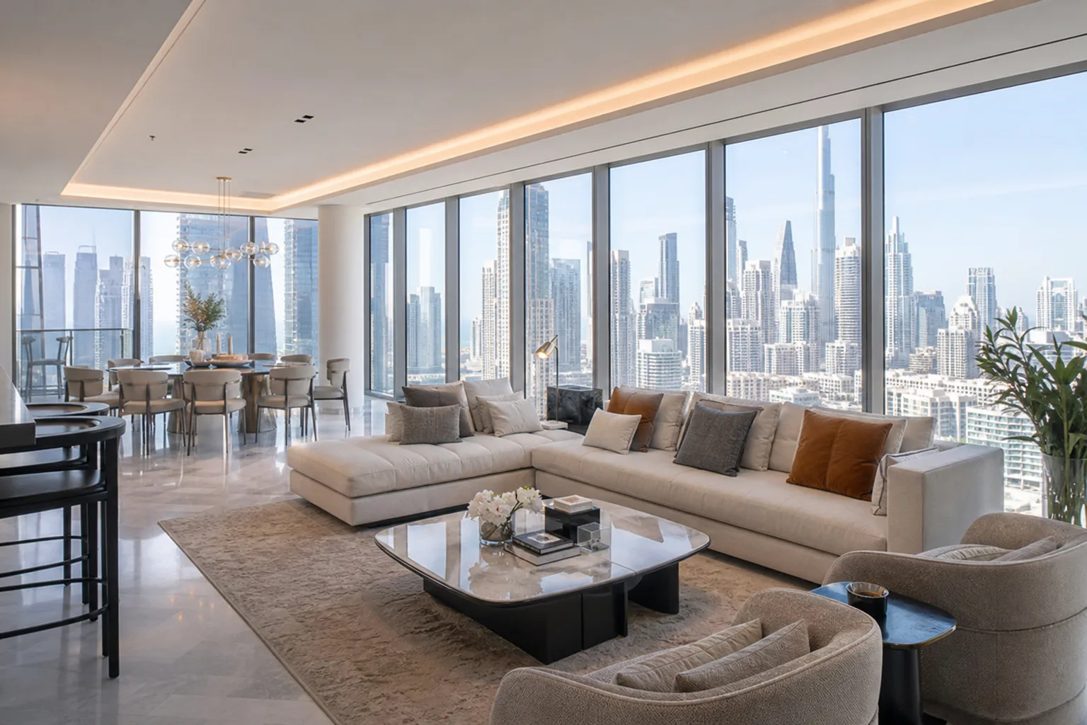 Intérieur lumineux d'un penthouse de luxe à Dubaï avec baies vitrées ouvertes sur la ville