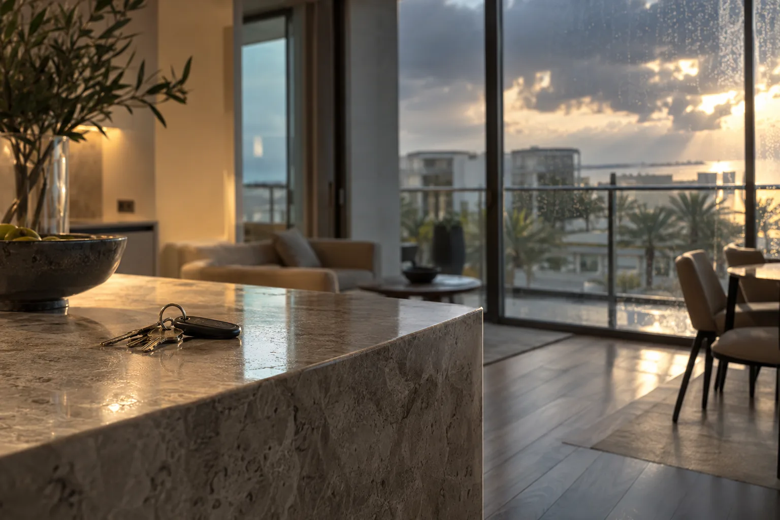 Keys resting on a stone kitchen island in an empty apartment, rain on the picture window