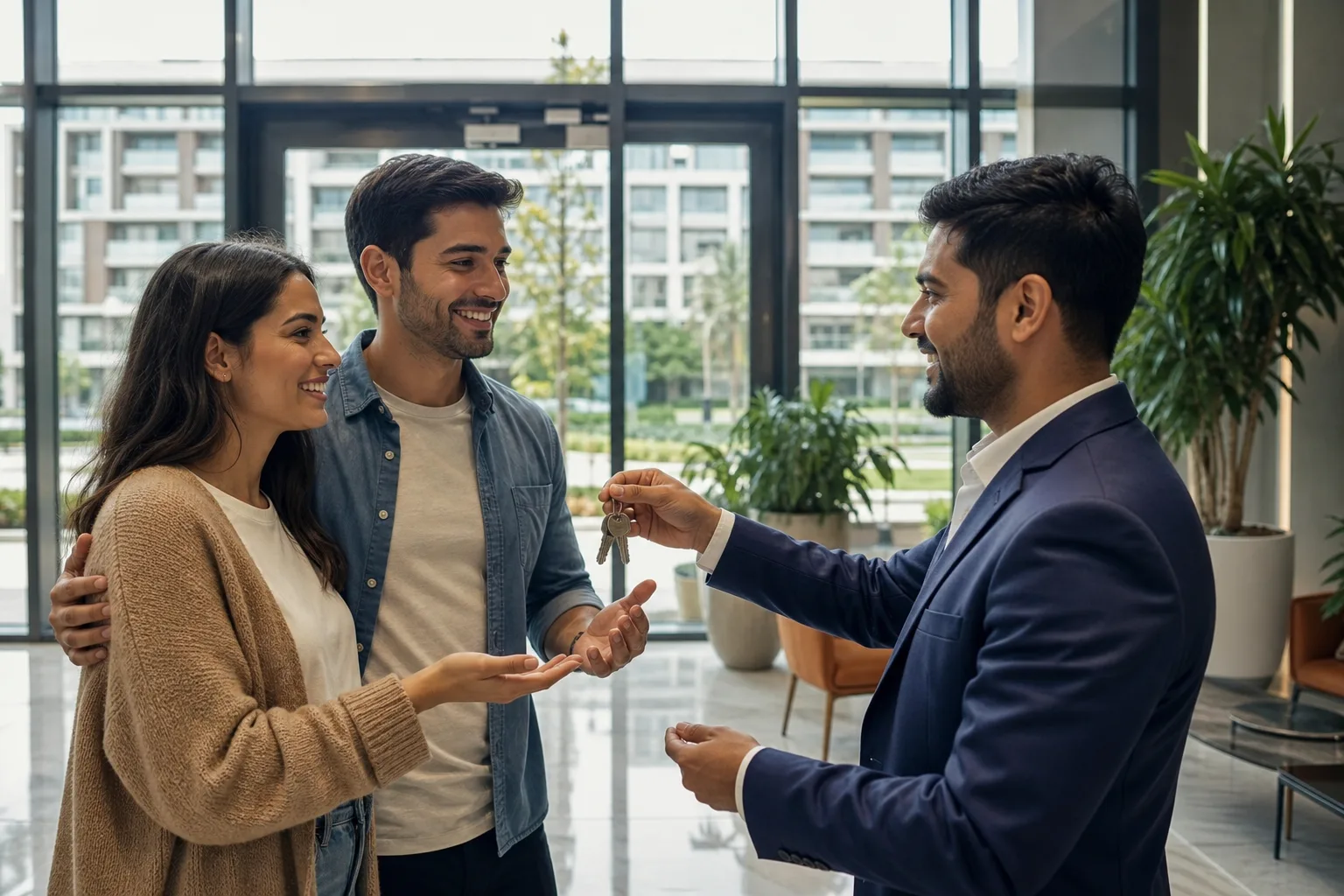 Jeune couple recevant les clés dans le hall d'un immeuble locatif moderne d'un quartier périphérique de Dubai