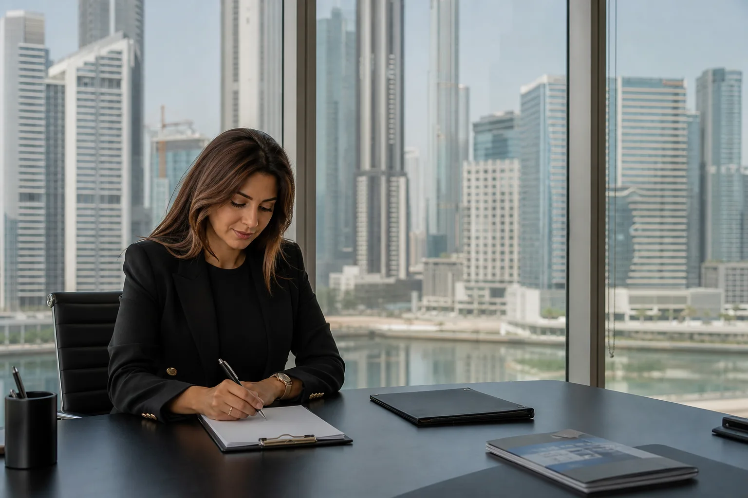 Empresaria firmando documentos en un escritorio elegante ante un ventanal con vistas a las torres de Business Bay
