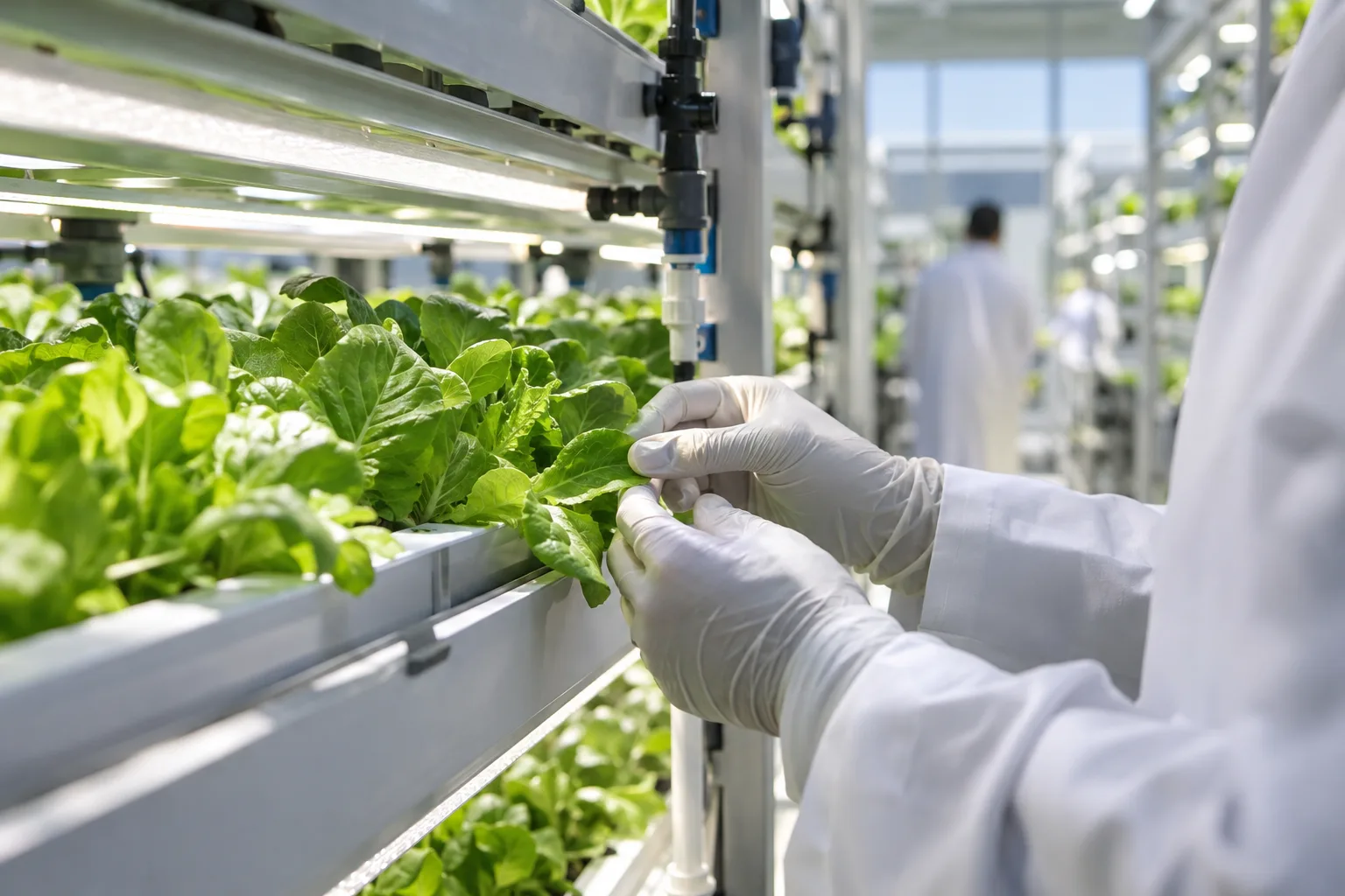 Gloved hands of a researcher inspecting hydroponic lettuce in a vertical farm