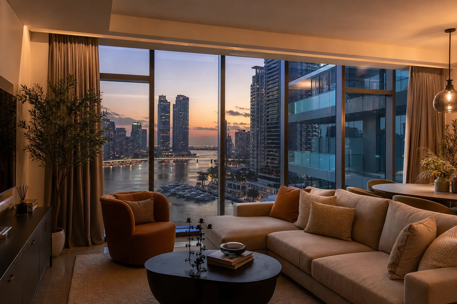 Salón elegante amueblado de un apartamento en alquiler en Dubái con un gran ventanal que da a la marina al atardecer
