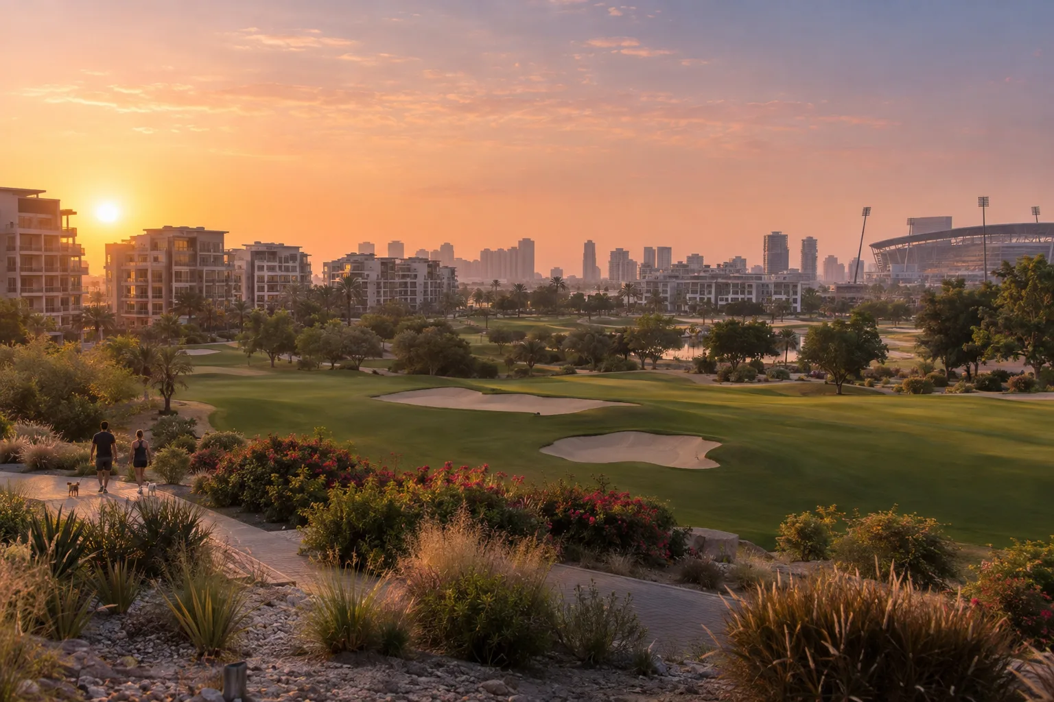 Residential buildings of Dubai Sports City at sunrise, bordering a lush golf course