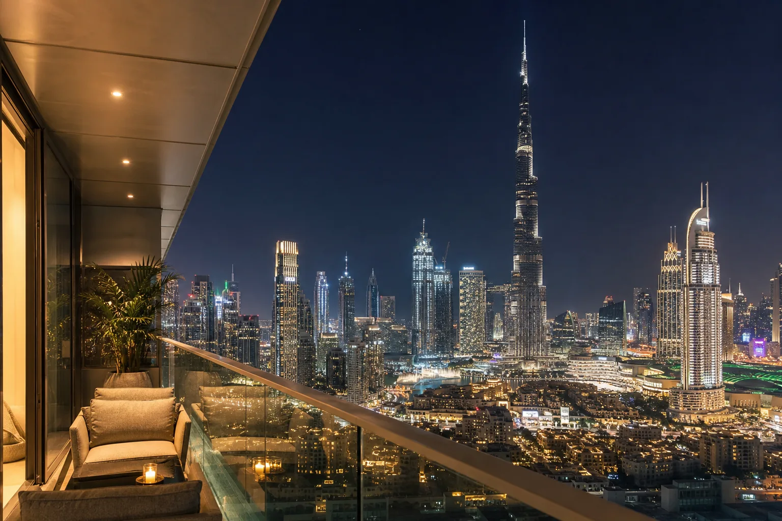 Night view of an apartment balcony overlooking the sparkling lights of Dubai