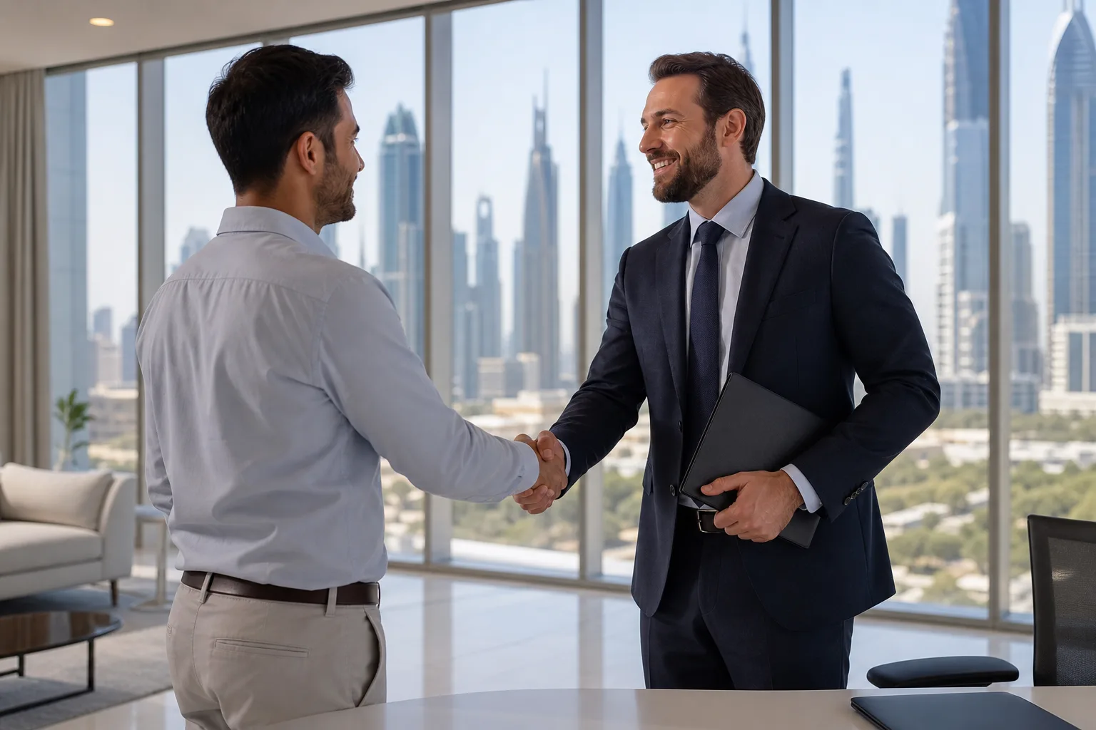 Handshake between a seller and a real estate agent in a bright office overlooking the Dubai skyline