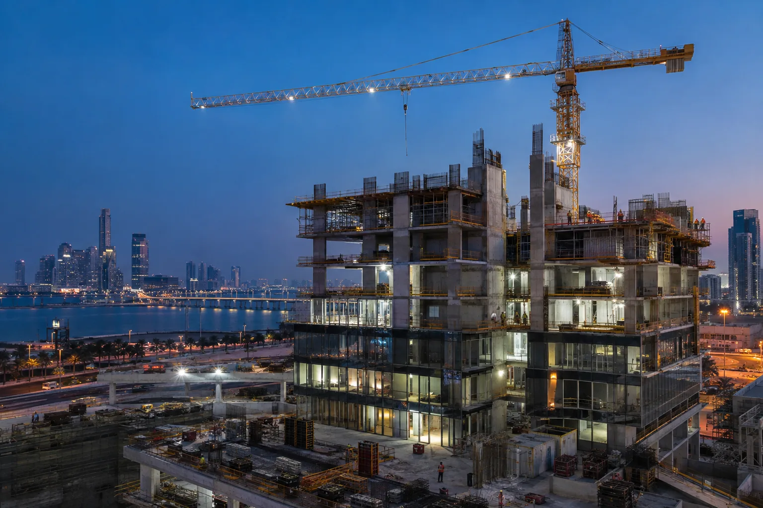Off-plan residential construction site at blue hour, with a lit crane and the lower floors already glazed