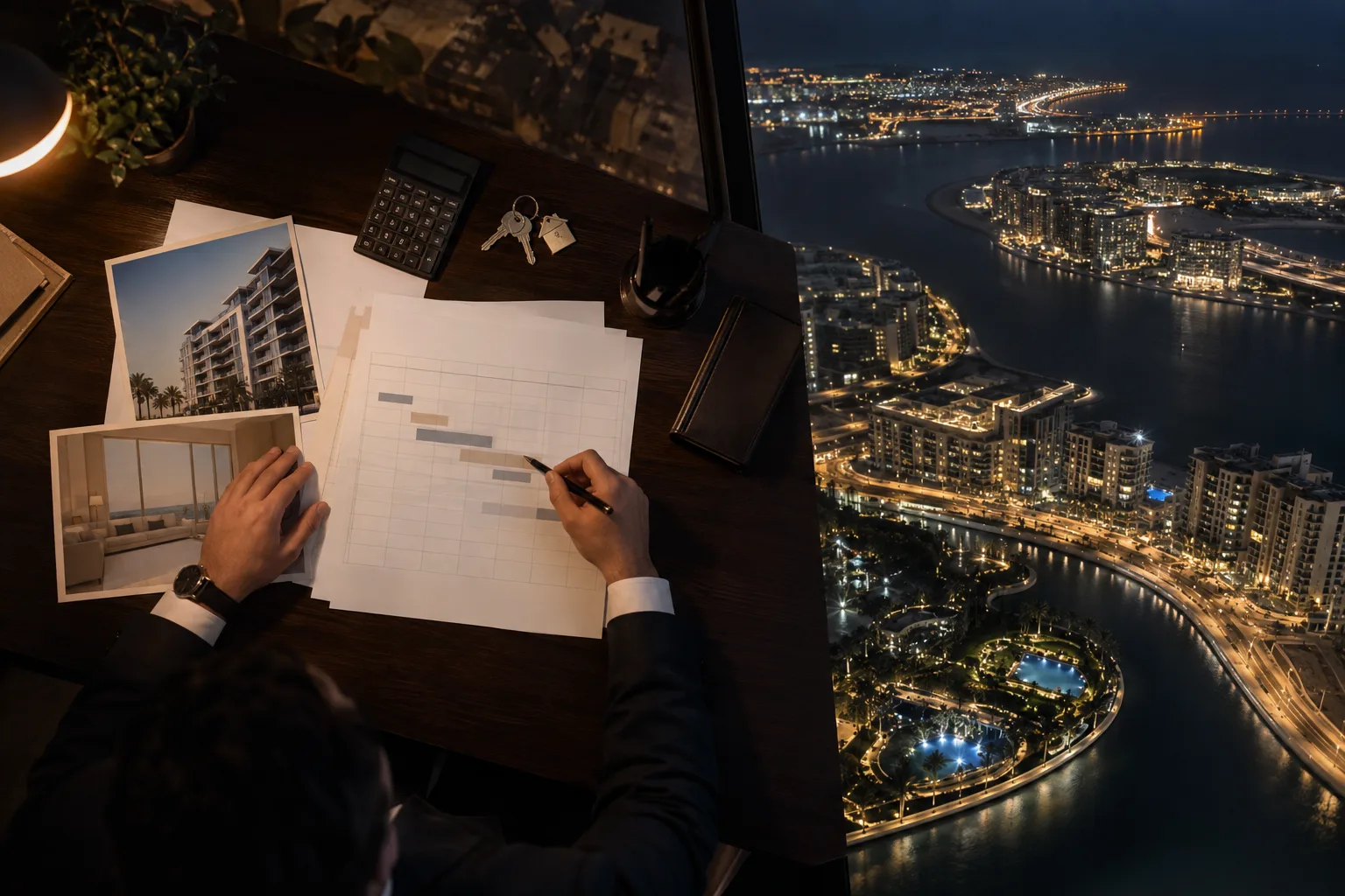 Overhead view of a desk lit by a lamp: blank sheets, a calculator and apartment keys