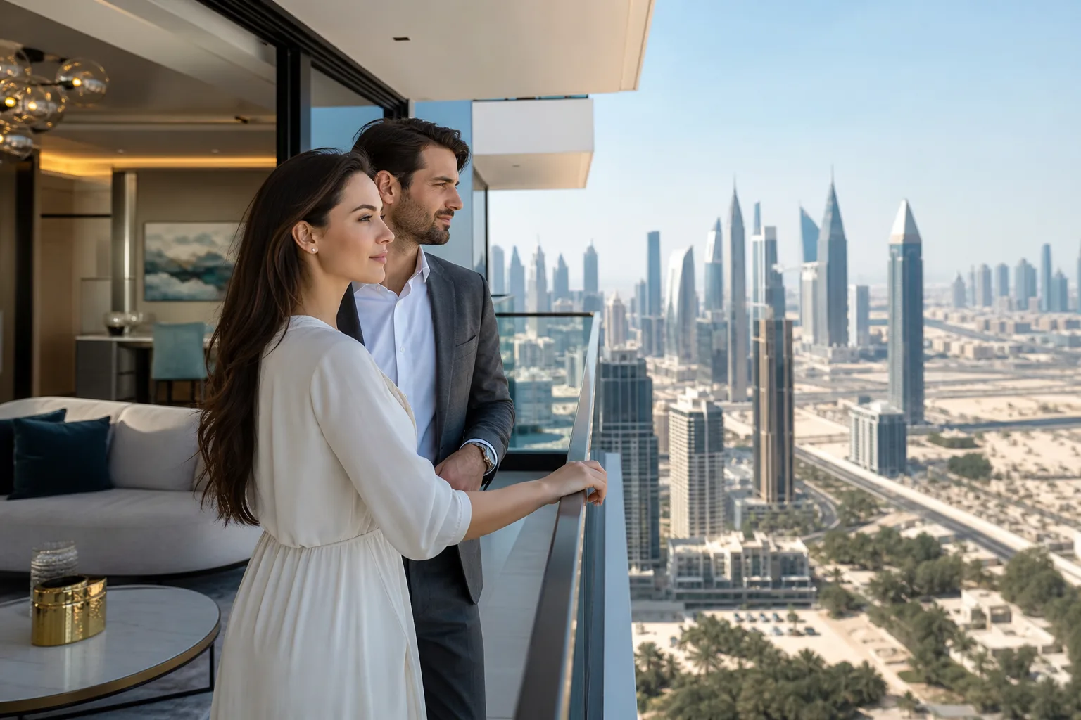 Couple of buyers looking at the view from the balcony of a high-end apartment overlooking the city