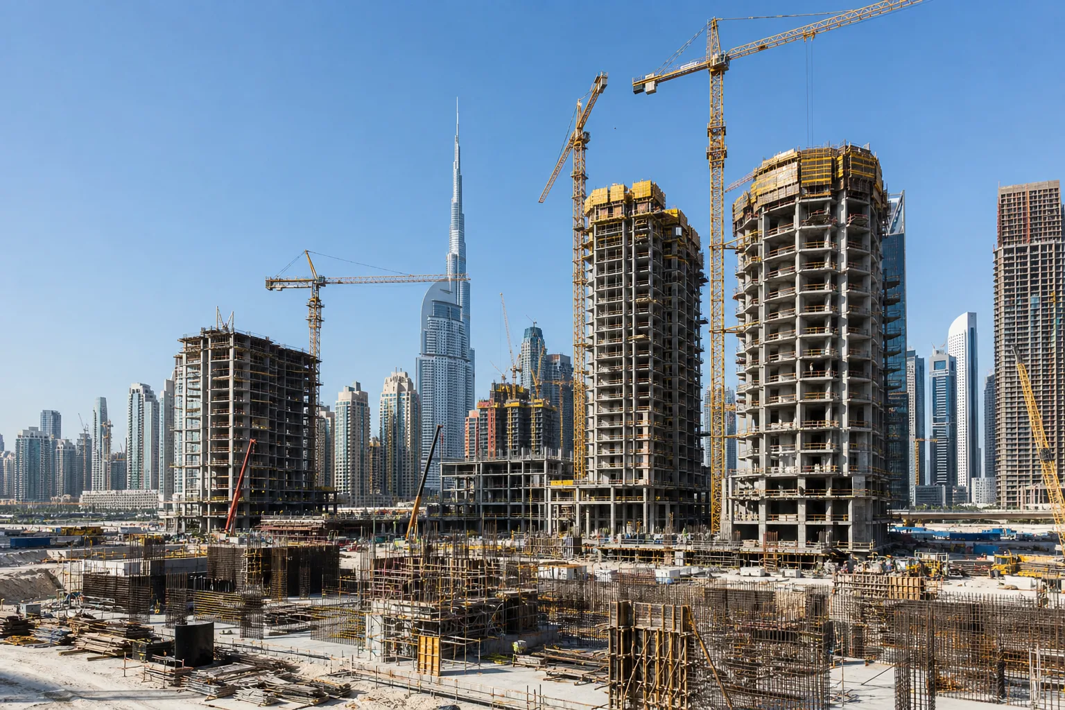 Chantier de construction de tours résidentielles avec grues à Dubaï sous un ciel dégagé