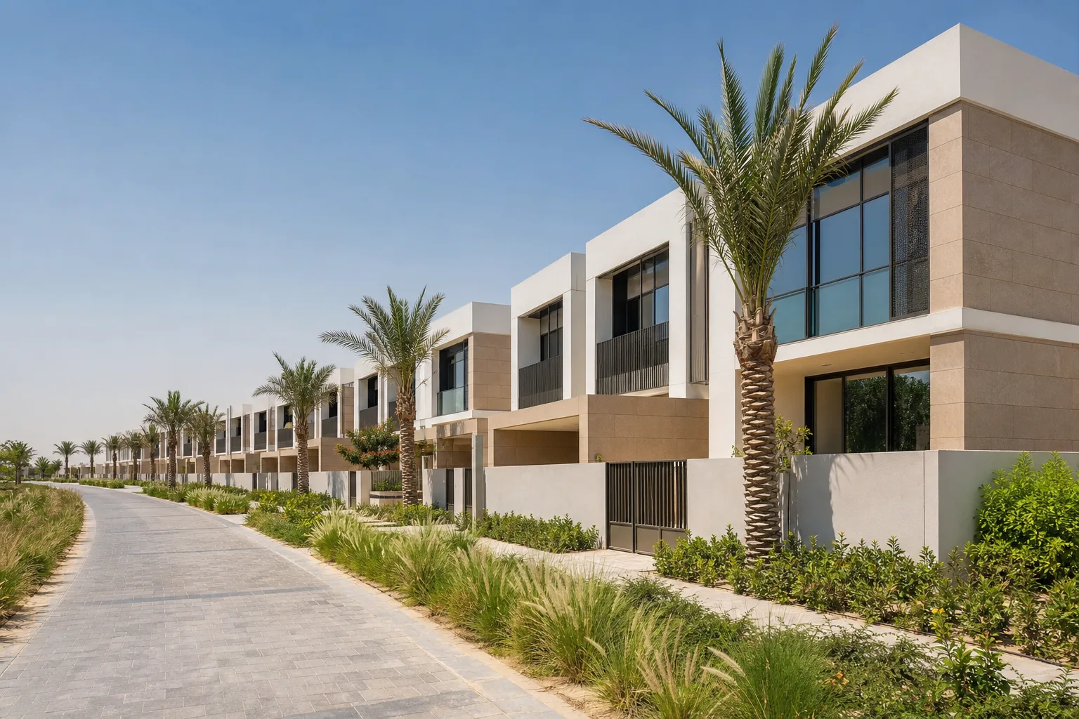 New townhouses with modern façades lined along a landscaped lane in Dubai