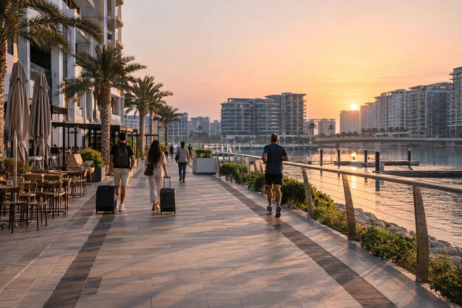 Yas Bay promenade at sunrise, visitors seen from behind with suitcases and a jogger in front of residential buildings