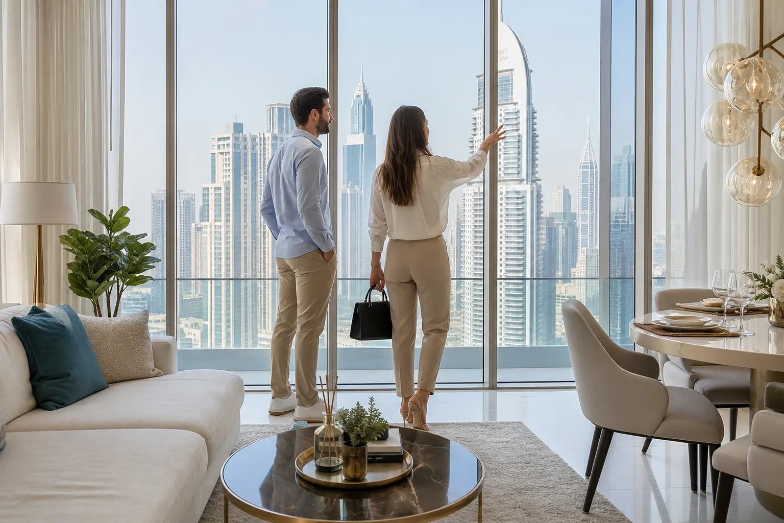 Couple viewing a bright, already completed apartment overlooking the towers of central Dubai