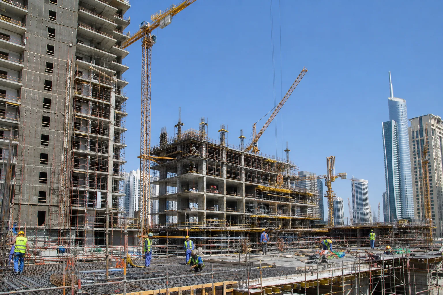 Chantier de tour résidentielle à Dubaï avec grues et échafaudages sous un ciel dégagé, ouvriers en gilets de sécurité