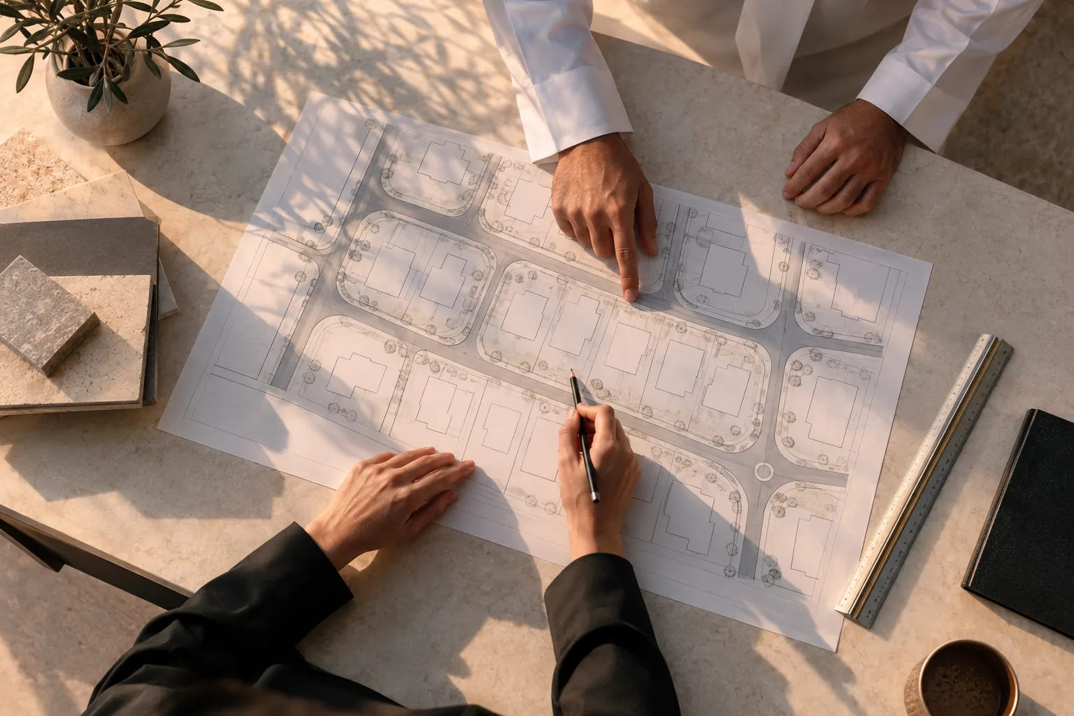 Overhead view of a text-free master plan and an adviser's hands pointing to neighbouring plots